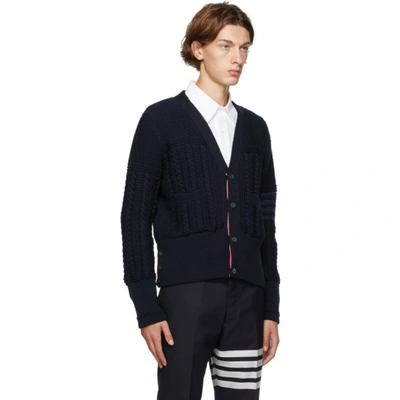 Shop Thom Browne Navy Wool Aran Cable 4-bar Cardigan In 415 Navy