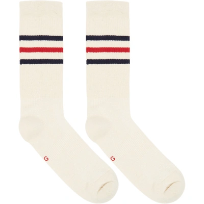 Shop Gucci Off-white Striped Logo Socks In 9268 Ivblue