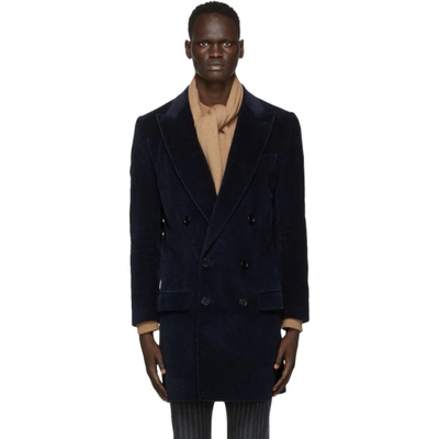 Shop Dolce & Gabbana Dolce And Gabbana Navy Corduroy Double-breasted Coat In B0665 Blu S