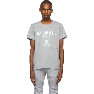 Shop Balmain Grey Foil Logo Print T-shirt In 9ub Gris