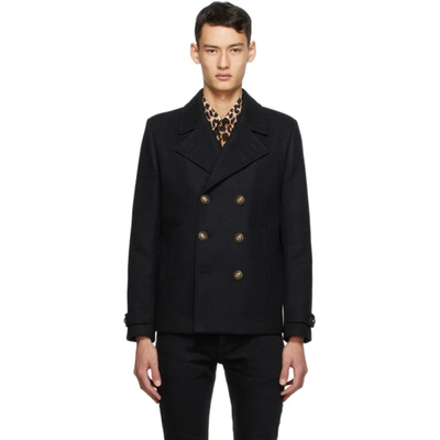 Shop Saint Laurent Black Wool Double-breasted Peacoat In 1000 Black