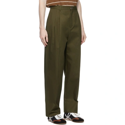 Shop Loewe Khaki Pleated Chino Trousers In 4430 Green