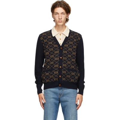 Shop Gucci Navy Wool Gg Cardigan In 4795 Ink