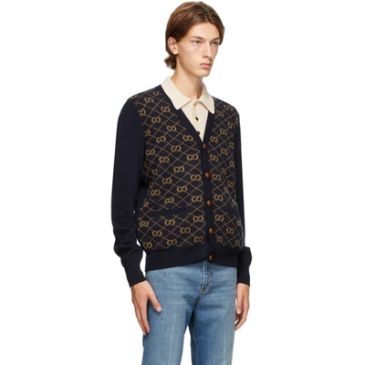 Shop Gucci Navy Wool Gg Cardigan In 4795 Ink