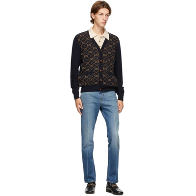 Shop Gucci Navy Wool Gg Cardigan In 4795 Ink