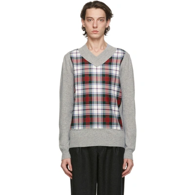 Shop Comme Des Garçons Shirt Comme Des Garcons Shirt Grey Fully Fashioned Tartan V-neck Sweater In 3 Grey