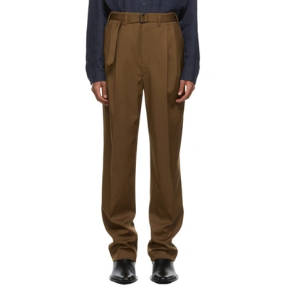 Shop Lemaire Brown Wool Belted Pleat Trousers In 468 Dark Ea