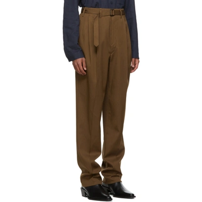 Shop Lemaire Brown Wool Belted Pleat Trousers In 468 Dark Ea