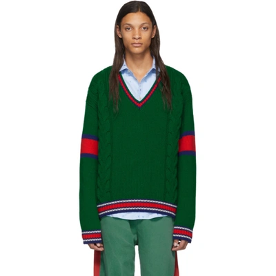 Gucci Green Cable Knit V-neck Sweater | ModeSens