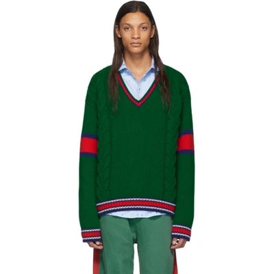 Shop Gucci Green Cable Knit V-neck Sweater In 3134 Yardmu