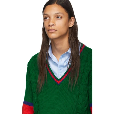 Shop Gucci Green Cable Knit V-neck Sweater In 3134 Yardmu