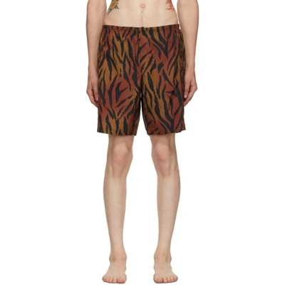 Shop Palm Angels Brown & Black Tiger Swim Shorts