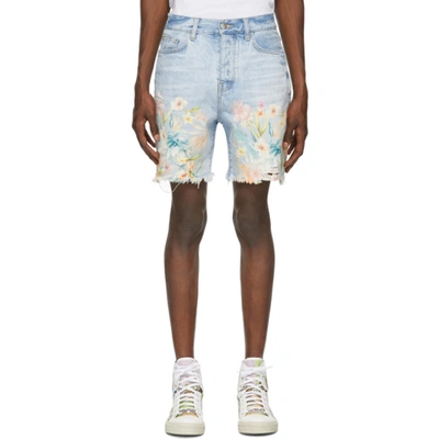 Shop Amiri Blue Denim Floral Leaf Shorts In Sky