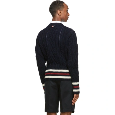 Shop Thom Browne Navy Aran Cable Stripe V-neck Cardigan In 415 Navy