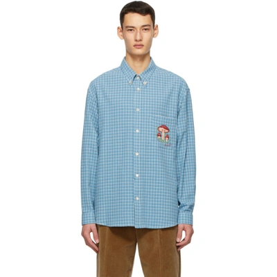 Shop Gucci Blue Mushrooms Vintage Check Shirt In 4530 Avio/o