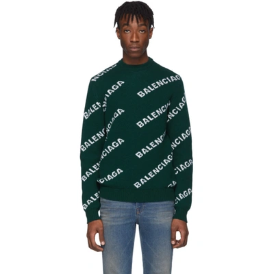 Shop Balenciaga Green Wool Jacquard Logo Crewneck Sweater In 3067 Forest