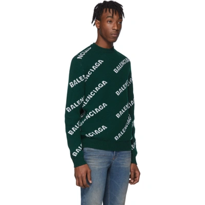 Shop Balenciaga Green Wool Jacquard Logo Crewneck Sweater In 3067 Forest