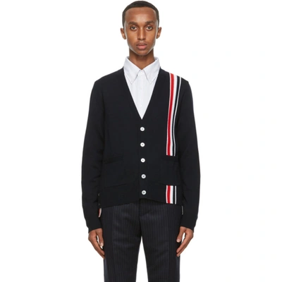 Shop Thom Browne Navy Wool Tricolor Stripe Cardigan In 415 Navy