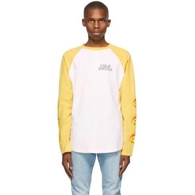 Shop Palm Angels White & Yellow Smiley Edition Burning Head Long Sleeve T-shirt In White/yello