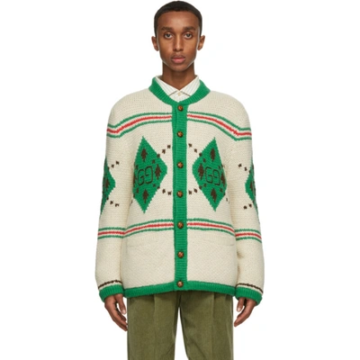 Shop Gucci Off-white Wool Intarsia Cardigan In 9275 Ivory