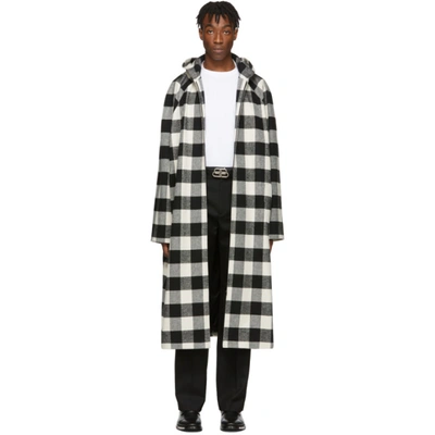 Shop Balenciaga Black & White Flannel Hooded Coat In 1070 Blkwht