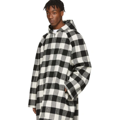 Shop Balenciaga Black & White Flannel Hooded Coat In 1070 Blkwht