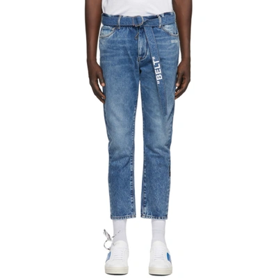 Shop Off-white Blue Slim Low Crotch Jeans In Medium Blue/white