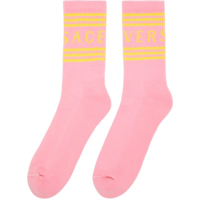 Shop Versace Pink & Yellow 1990s' Vintage Logo Socks In 2p180 Pink