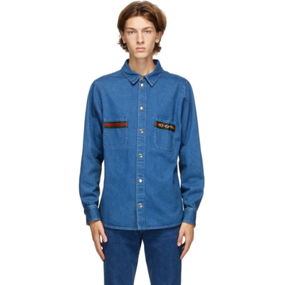 Shop Gucci Blue Denim Stone Wash Web Shirt In 4447 Blumix