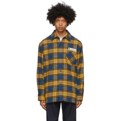 Shop Acne Studios Yellow & Blue Flannel Logo Patch Shirt In Yellow/blac