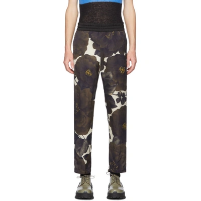 Shop Dries Van Noten Off-white & Green Floral Elastic Waist Trousers In Ecru