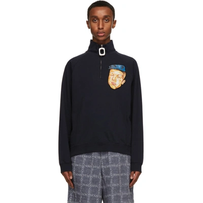Shop Jw Anderson Navy Embroidered Face Half-zip Sweater In Navy 888