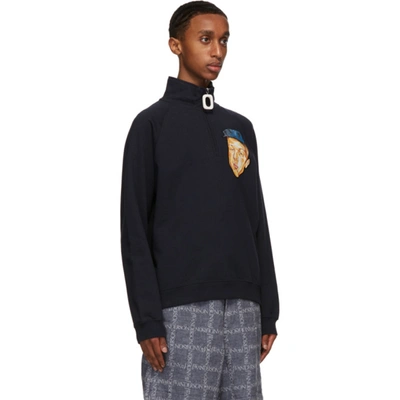 Shop Jw Anderson Navy Embroidered Face Half-zip Sweater In Navy 888