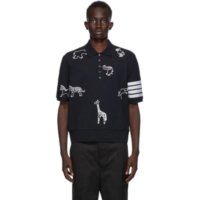 Shop Thom Browne Navy Piqué 4-bar Chain Stitch Icon Polo In 415 Navy