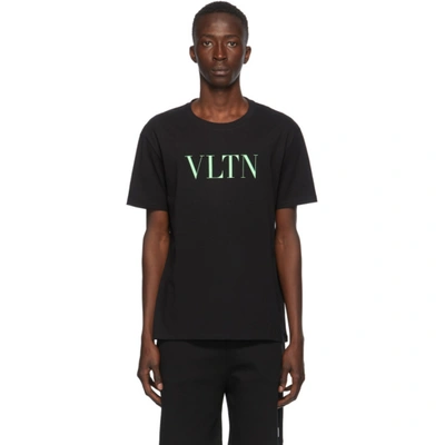 Shop Valentino Black & Green 'vltn' T-shirt In Black/neon Green