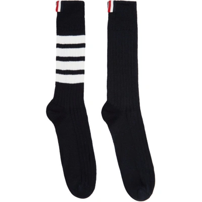 Shop Thom Browne Navy Chunky Rib 4-bar Mid-calf Socks In 415 Navy
