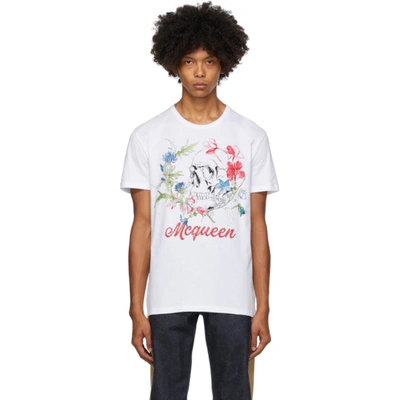 Shop Alexander Mcqueen White Skull Floral Crown Print T-shirt In 0900 Whtmix