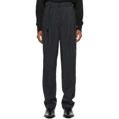 Shop Lemaire Black Silk Belted Pleat Trousers In 996 Coal