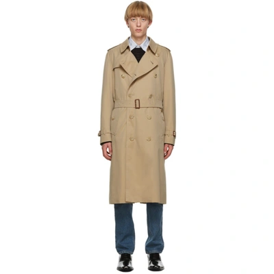 Shop Burberry Beige Kensington Long Trench Coat In Yellow 7050