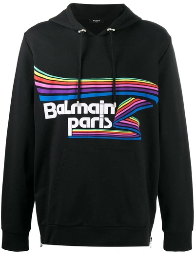 Shop Balmain Logo-print Drawstring Hoodie In Blue