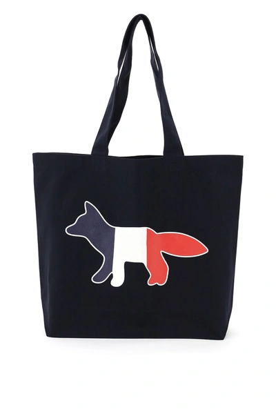 Shop Maison Kitsuné Tricolor Fox Tote Bag In Navy