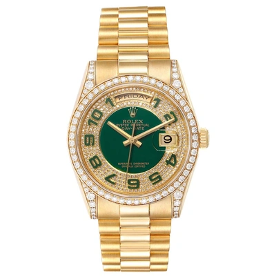 Shop Rolex President Day Date Yellow Gold Green Enamel Diamond Mens Watch 118388 In Not Applicable