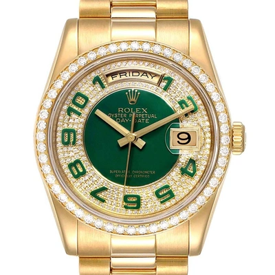 Shop Rolex President Day Date Yellow Gold Green Enamel Diamond Mens Watch 118348 In Not Applicable
