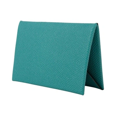 Pre-owned Hermes Calvi Card Holder Vert Verone Epsom Leather New W/ Box In Blue
