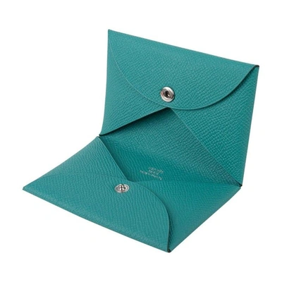 Pre-owned Hermes Calvi Card Holder Vert Verone Epsom Leather New W/ Box In Blue