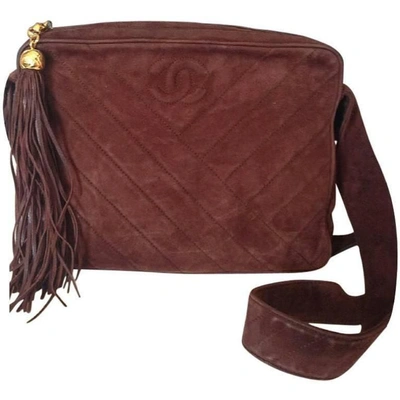 Pre-owned Chanel Vintage  Dark Brown V Stitch Suede Leather Shoulder Bag With Cc Stitch Mark And Long Tassel. B In Black