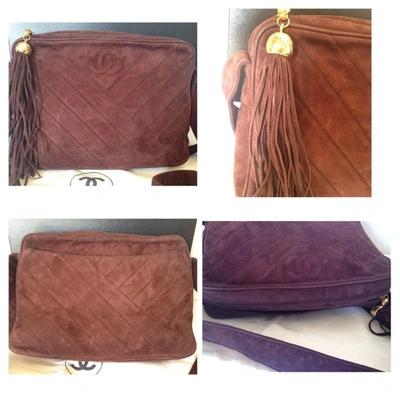 Pre-owned Chanel Vintage  Dark Brown V Stitch Suede Leather Shoulder Bag With Cc Stitch Mark And Long Tassel. B In Black