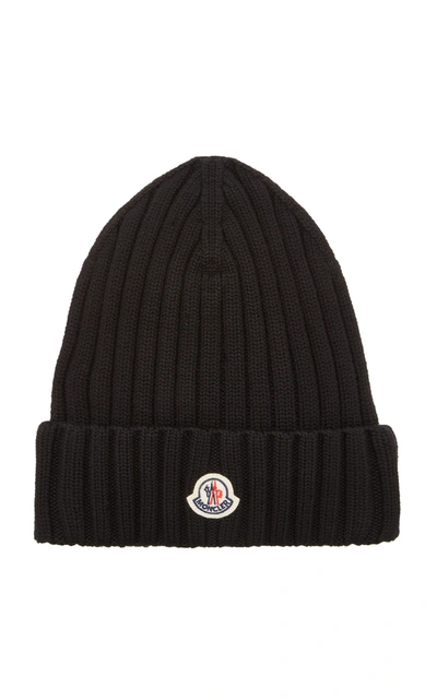 Shop Moncler Ribbed-knit Wool Beanie In Black