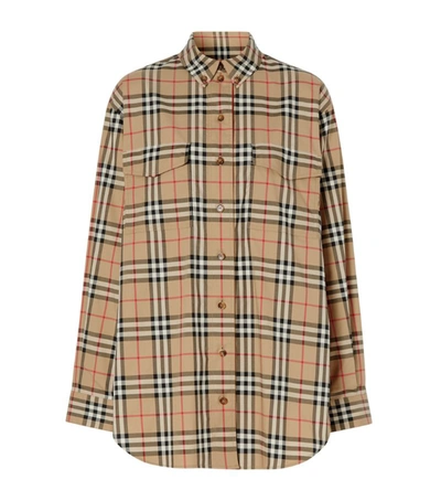 Shop Burberry Vintage Check Stretch Cotton Oversized Shirt In Neutrals