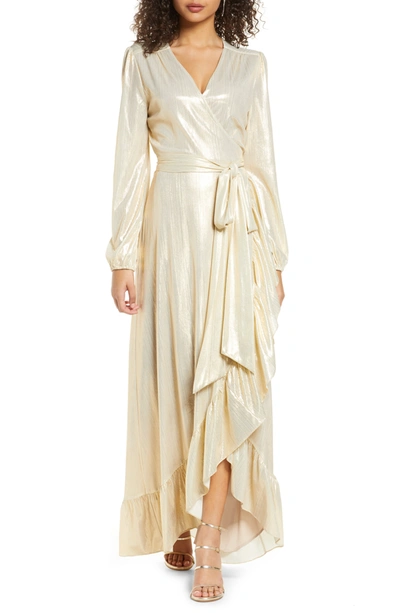 Shop Wayf Meryl Long Sleeve Wrap High/low Gown In Champagne Metallic